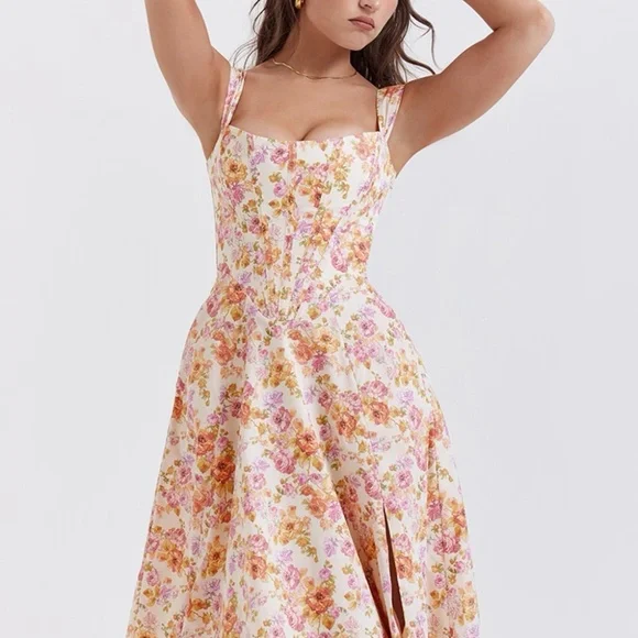 House of CB Pink and Yellow Floral Midi Dress - Saira - Picture 3 of 7